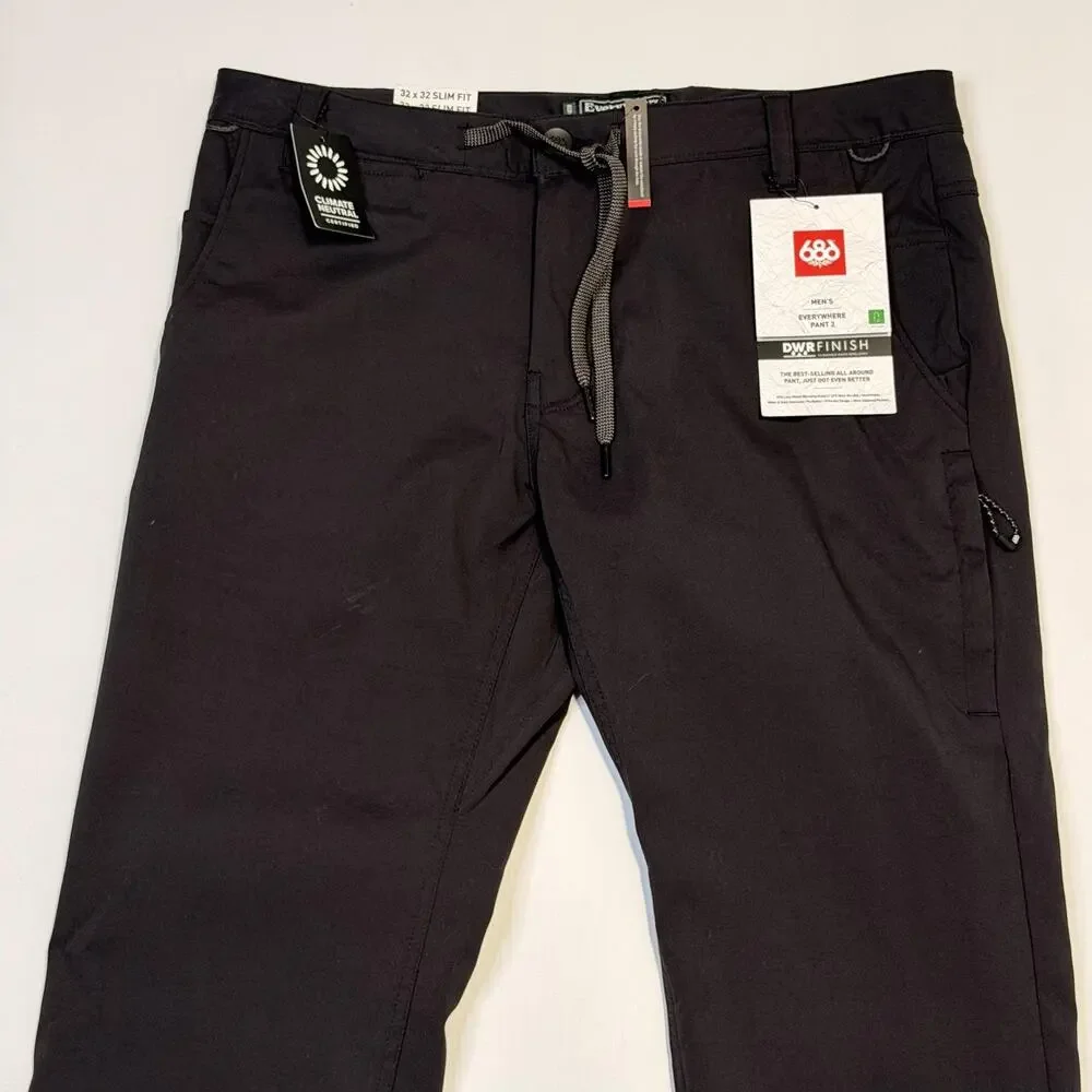 686 Pants Mens 32x32 Black Everywhere Eco Slim Fit Water Resistant Stretch Chino